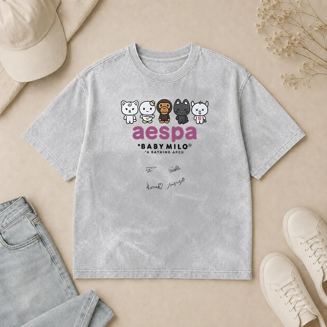 Official Aespa X Baby Milo A Bathing Ape Signature Washed T Shirt Official Aespa X Baby Milo A Bathing Ape Signature Washed T-Shirt