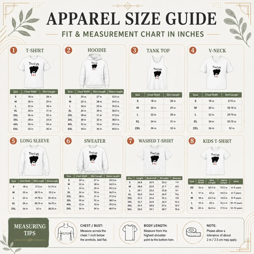 official-awesome-kieran-maguire-the-cure-size-chart Size chart for Official Awesome Kieran Maguire The Cure with measurements in inches and cm to help choose the right fit