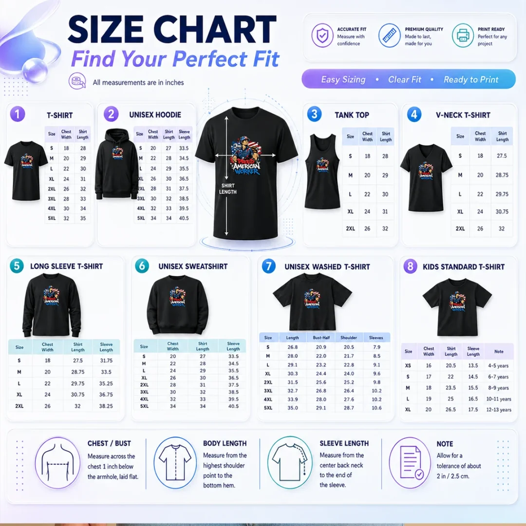 official-good-american-labour-day-proud-worker-graffiti-size-chart Size chart for Official Good American Labour Day Proud Worker Graffiti with measurements in inches and cm to help choose the right fit