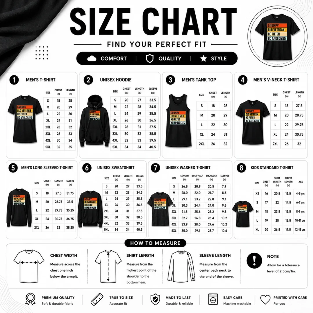 official-grumpy-old-veteran-no-filter-no-apologies-retro-size-chart Size chart for Official Grumpy Old Veteran No Filter No Apologies Retro with measurements in inches and cm to help choose the right fit