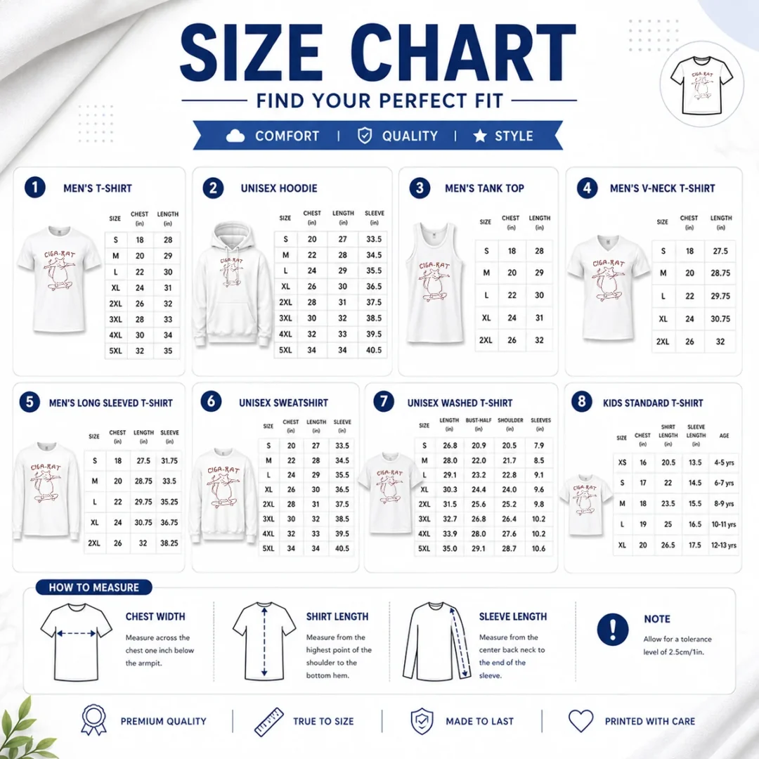 official-hot-ciga-rat-smoking-mouse-on-skateboard-rat-size-chart Size chart for Official Hot Ciga Rat Smoking Mouse On Skateboard Rat with measurements in inches and cm to help choose the right fit