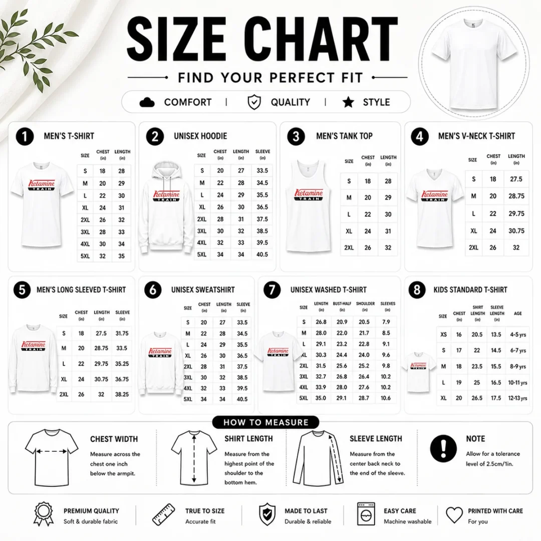official-ketamine-train-parody-logo-size-chart Size chart for Official Ketamine Train Parody Logo with measurements in inches and cm to help choose the right fit