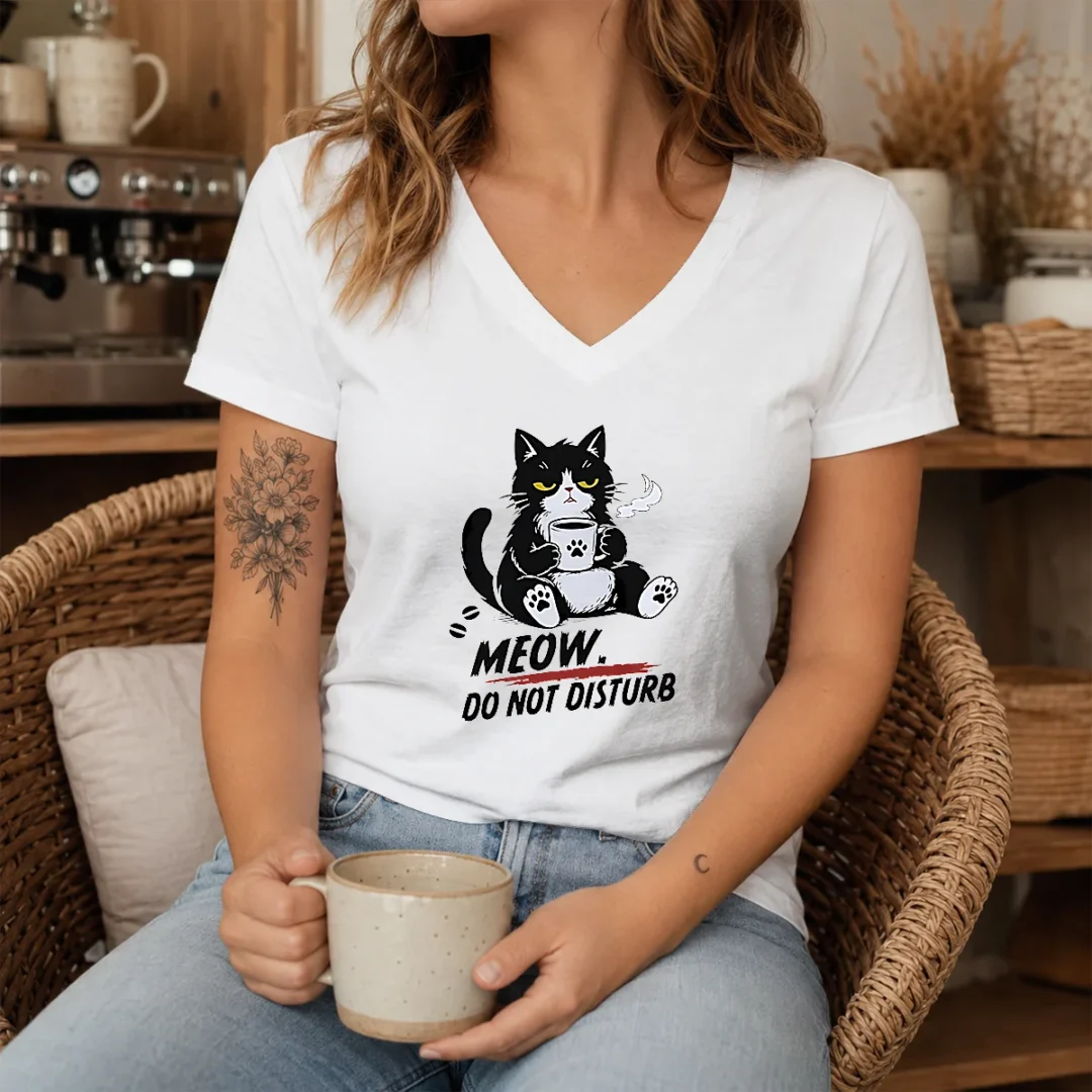 official-meow-do-not-disturb-grumpy-cat-with-coffee-v-neck-shirt Official Meow Do Not Disturb Grumpy Cat With Coffee V-Neck Shirt