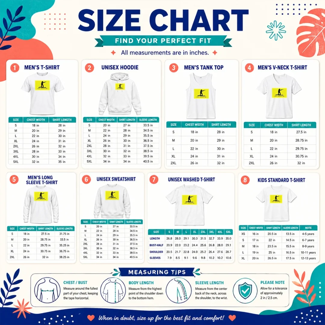 Official Nice Jordan Salinas Don'T Tread On Me Size Chart Size chart for Official Nice Jordan Salinas Don'T Tread On Me with measurements in inches and cm to help choose the right fit