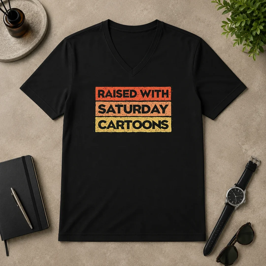 Official Original Raised With Saturday Cartoons V Neck Shirt Official Original Raised With Saturday Cartoons V-Neck Shirt