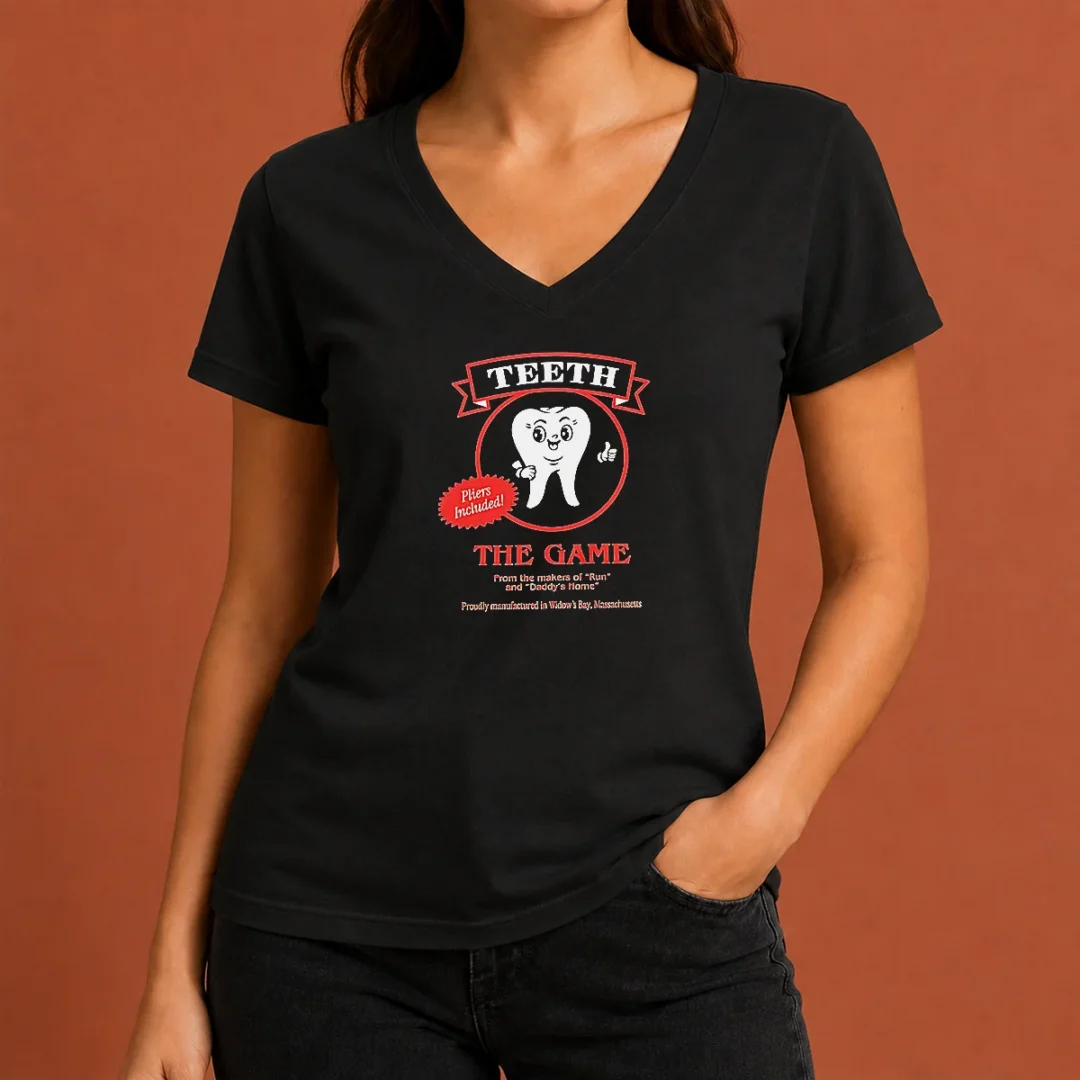 official-teeth-the-game-pliers-included-horror-movie-parody-v-neck-shirt Official Teeth The Game Pliers Included Horror Movie Parody V-Neck Shirt