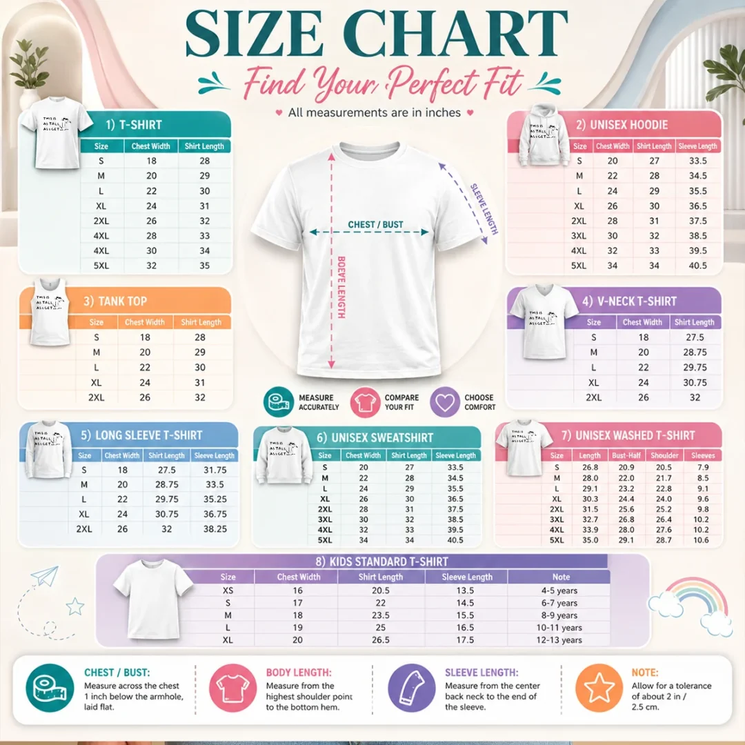 official-this-is-as-tall-as-i-get-cartoon-dog-humor-size-chart Size chart for Official This Is As Tall As I Get Cartoon Dog Humor with measurements in inches and cm to help choose the right fit