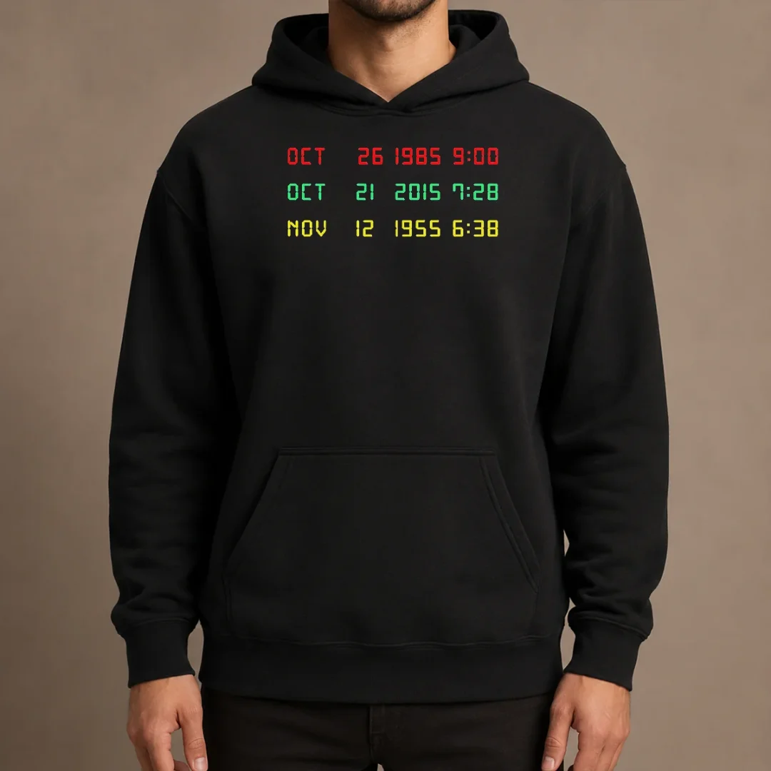 official-time-machine-three-dates-geek-hoodie Official Time Machine Three Dates Geek Hoodie in black with front pocket and adjustable hood
