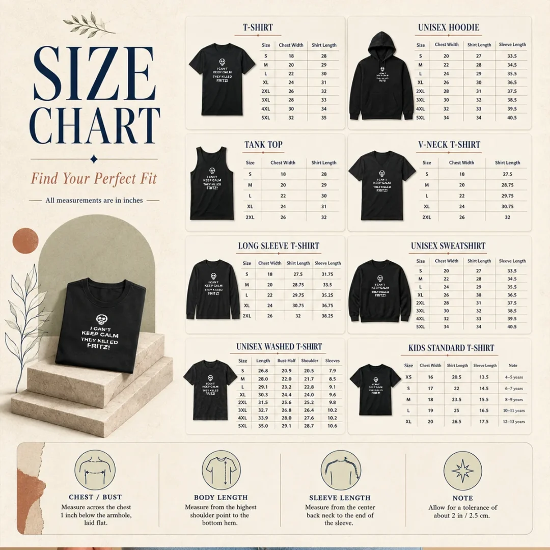 official-top-i-can-t-keep-calm-they-killed-fritz-gas-mask-size-chart Size chart for Official Top I Can'T Keep Calm They Killed Fritz Gas Mask with measurements in inches and cm to help choose the right fit