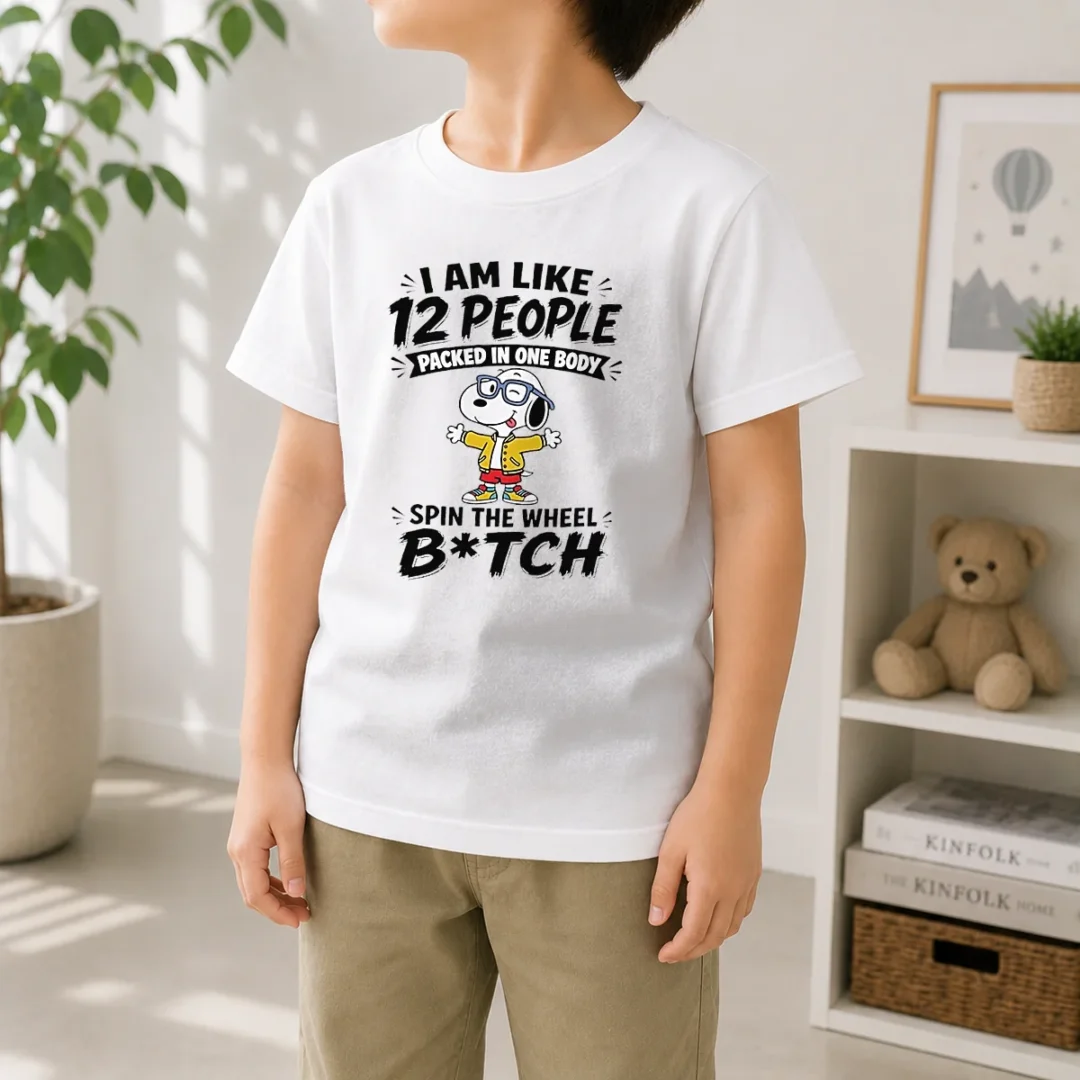 official-top-snoopy-i-am-like-12-people-packed-in-one-body-spin-the-wheel-kids-t-shirt-kid-t-shirt Official Top Snoopy I Am Like 12 People Packed In One Body Spin The Wheel Kids T-Shirt