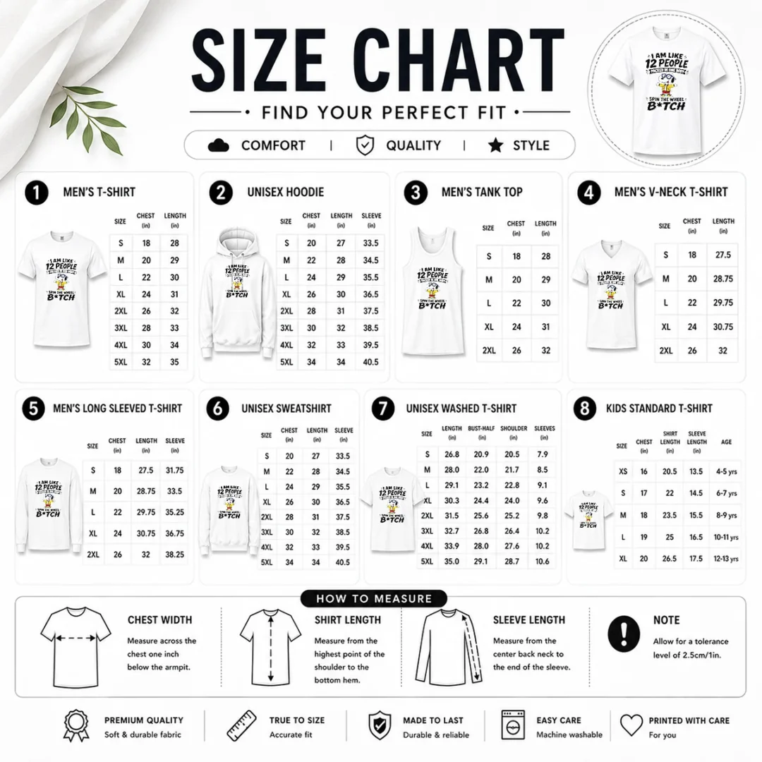 official-top-snoopy-i-am-like-12-people-packed-in-one-body-spin-the-wheel-size-chart Size chart for Official Top Snoopy I Am Like 12 People Packed In One Body Spin The Wheel with measurements in inches and cm to help choose the right fit
