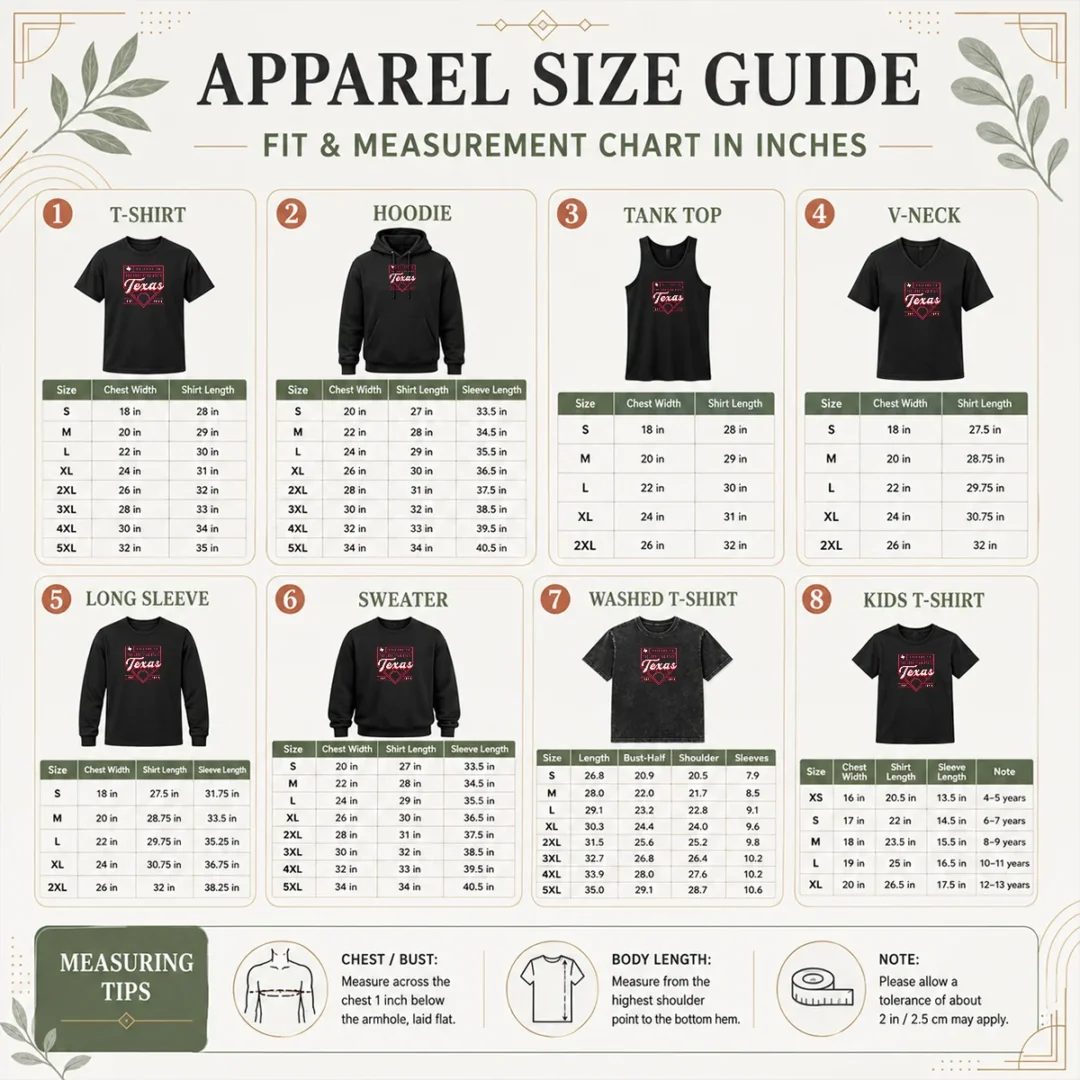 official-welcome-to-the-lone-star-state-texas-est-1845-size-chart Size chart for Official Welcome To The Lone Star State Texas Est 1845 with measurements in inches and cm