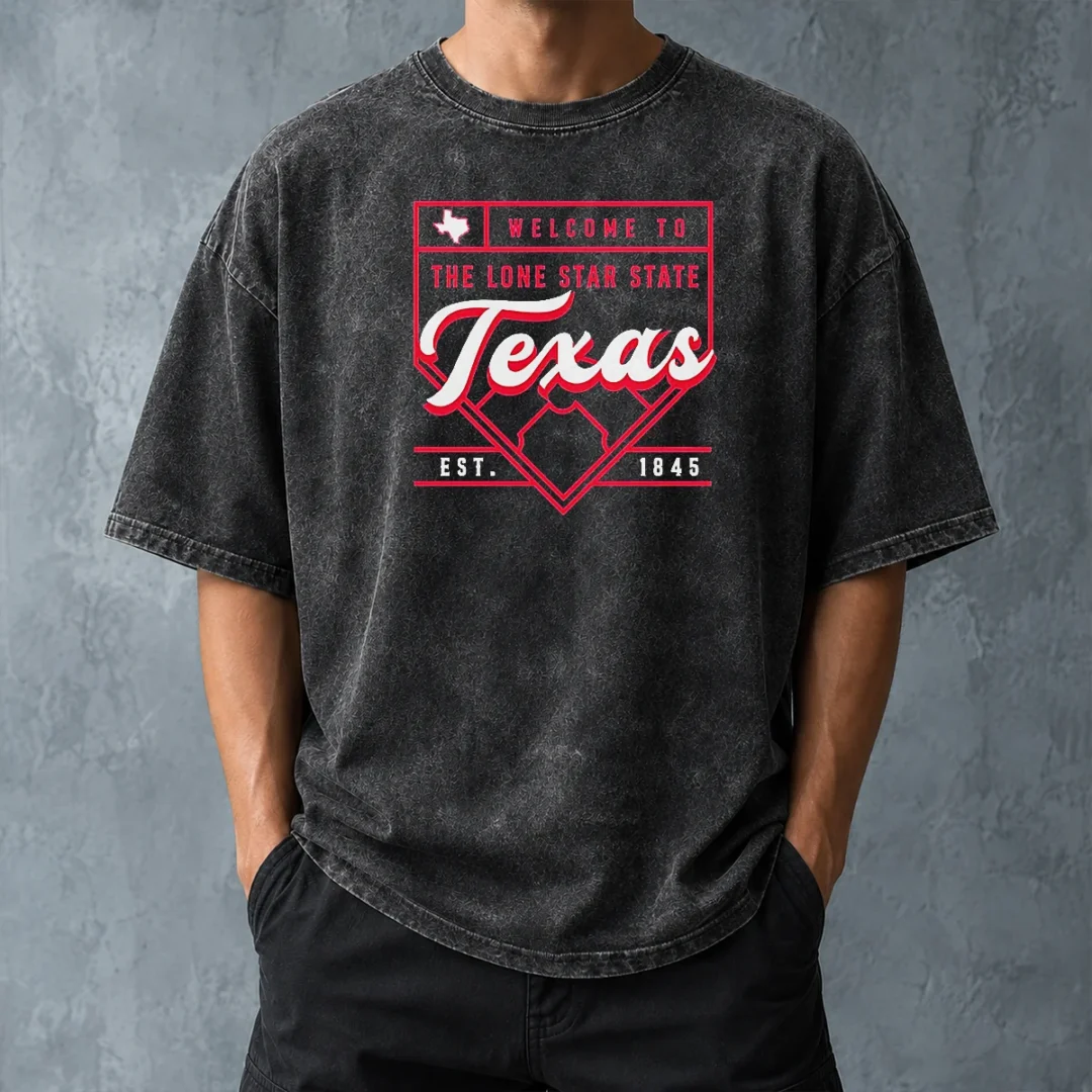 official-welcome-to-the-lone-star-state-texas-est-1845-washed-t-shirt-washed-tshirt Official Welcome To The Lone Star State Texas Est 1845 Washed T Shirt showing soft textured fabric and vintage wash