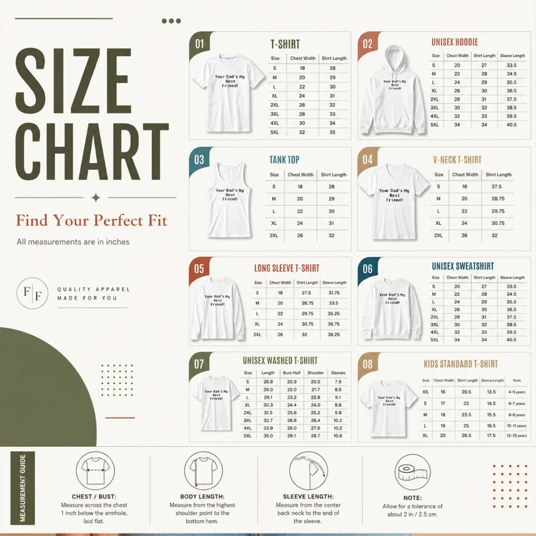 official-your-dad-is-my-best-friend-pixel-size-chart Size chart for Official Your Dad Is My Best Friend Pixel with measurements in inches and cm to help choose the right fit