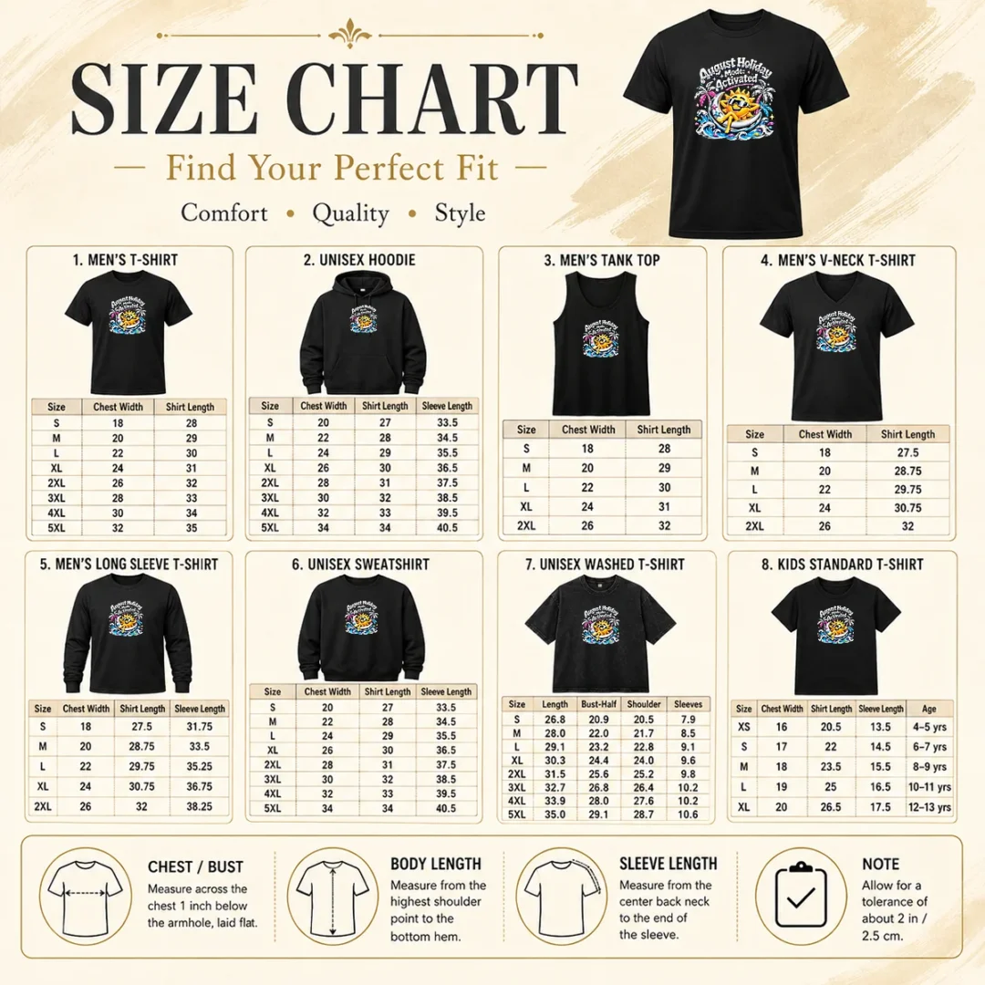 Original August Holiday Y2K For Summer Vibes Size Chart Size chart for Original August Holiday Y2K For Summer Vibes with measurements in inches and cm to help choose the right fit