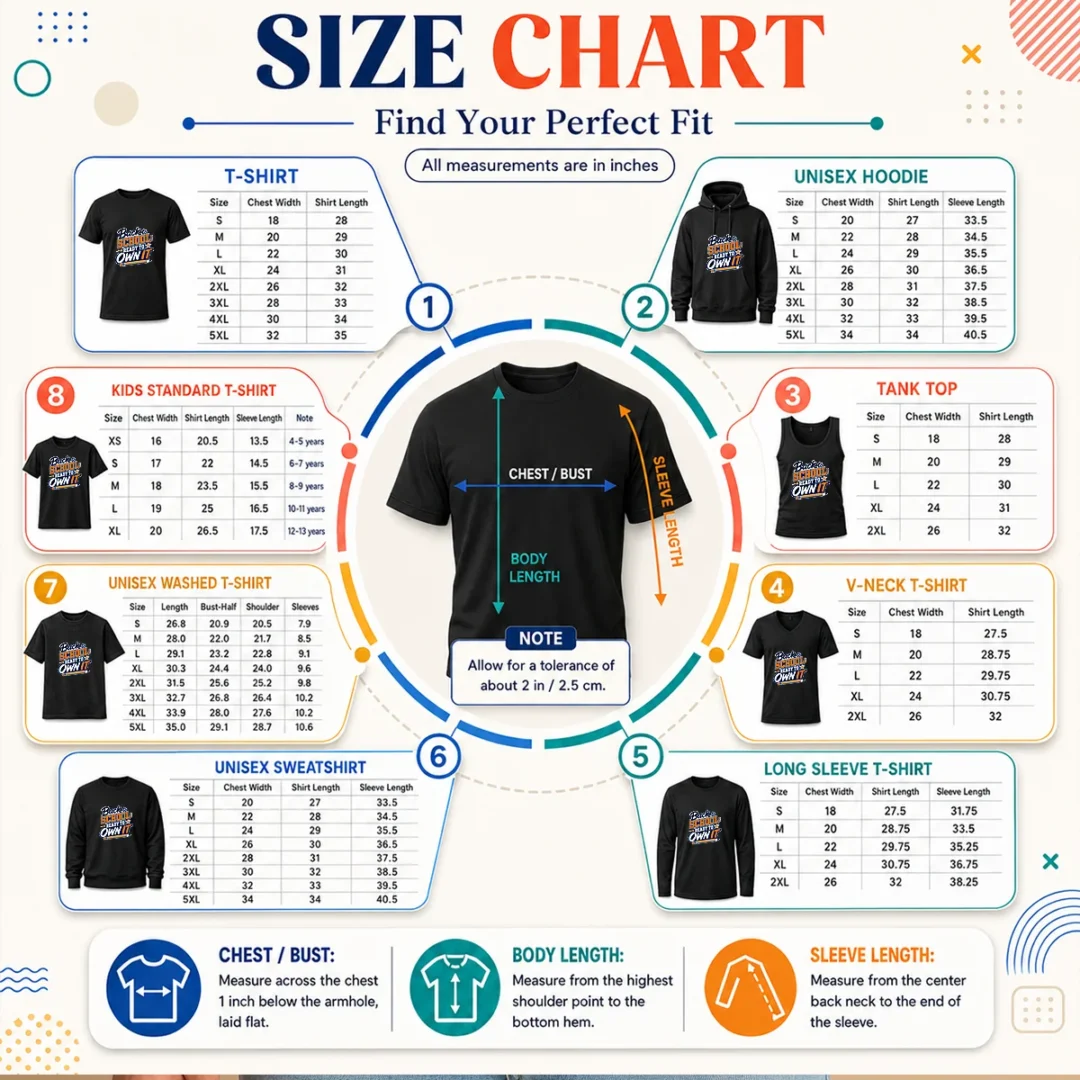 original-back-to-school-ready-to-own-it-typography-size-chart Size chart for Original Back To School Ready To Own It Typography with measurements in inches and cm to help choose the right fit