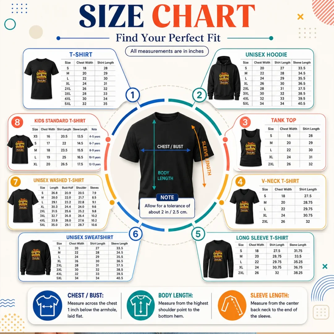 original-grandparents-day-best-grandma-grandpa-ever-doodle-size-chart Size chart for Original Grandparents Day Best Grandma Grandpa Ever Doodle with measurements in inches and cm to help choose the right fit