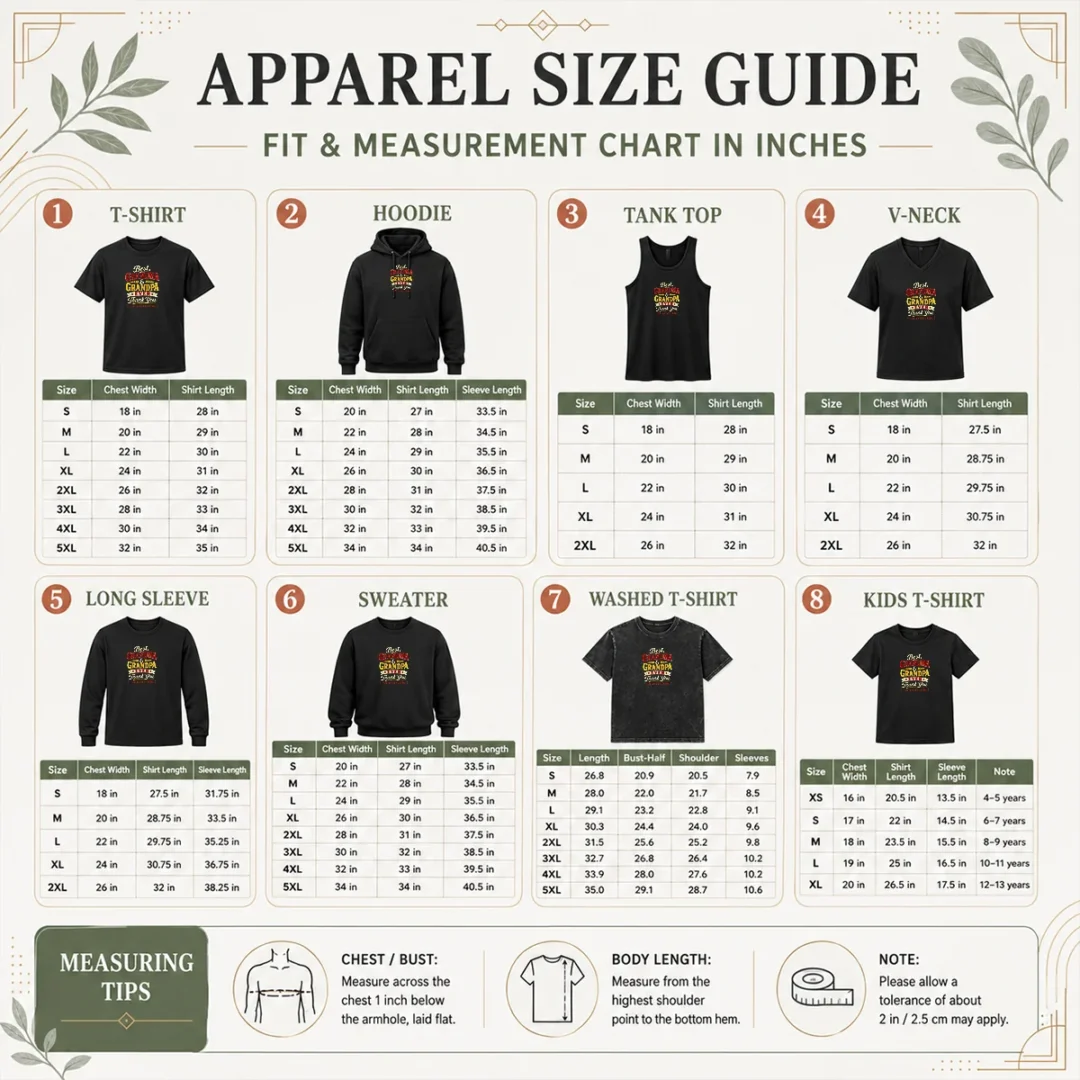 original-grandparents-day-best-grandma-grandpa-typography-size-chart-1 Size chart for Original Grandparents Day Best Grandma Grandpa Typography with measurements in inches and cm