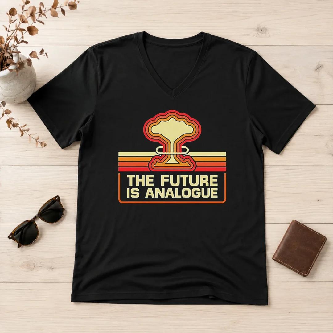 original-pretty-the-future-is-analogue-retro-nuclear-mushroom-cloud-v-neck-shirt Original Pretty The Future Is Analogue Retro Nuclear Mushroom Cloud V-Neck Shirt