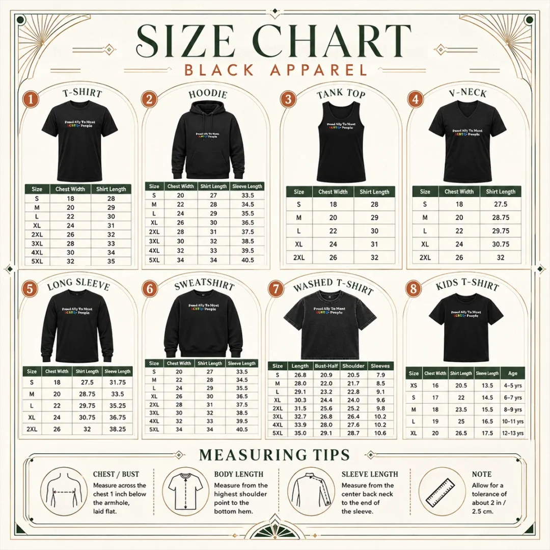original-proud-ally-to-most-lgbtq-people-size-chart Size chart for Original Proud Ally To Most LGBTQ People with measurements in inches and cm to help choose the right fit