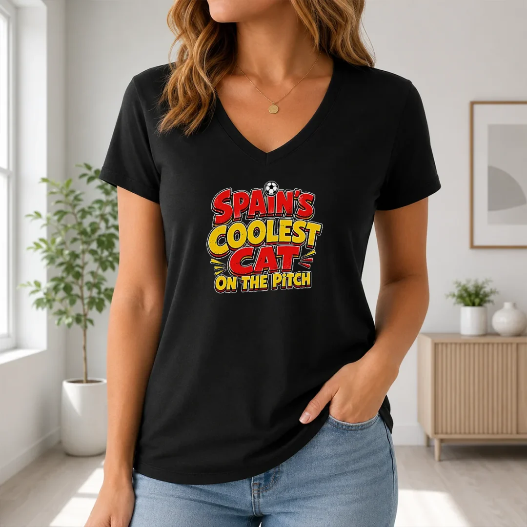 Original Spain Soccer Cat Meme Funny Cartoon V Neck Shirt Original Spain Soccer Cat Meme Funny Cartoon V-Neck Shirt