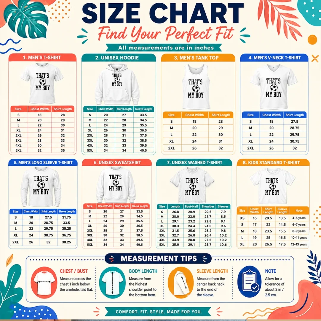 original-that-s-my-boy-soccer-proud-parent-size-chart Size chart for Original That'S My Boy Soccer Proud Parent with measurements in inches and cm to help choose the right fit