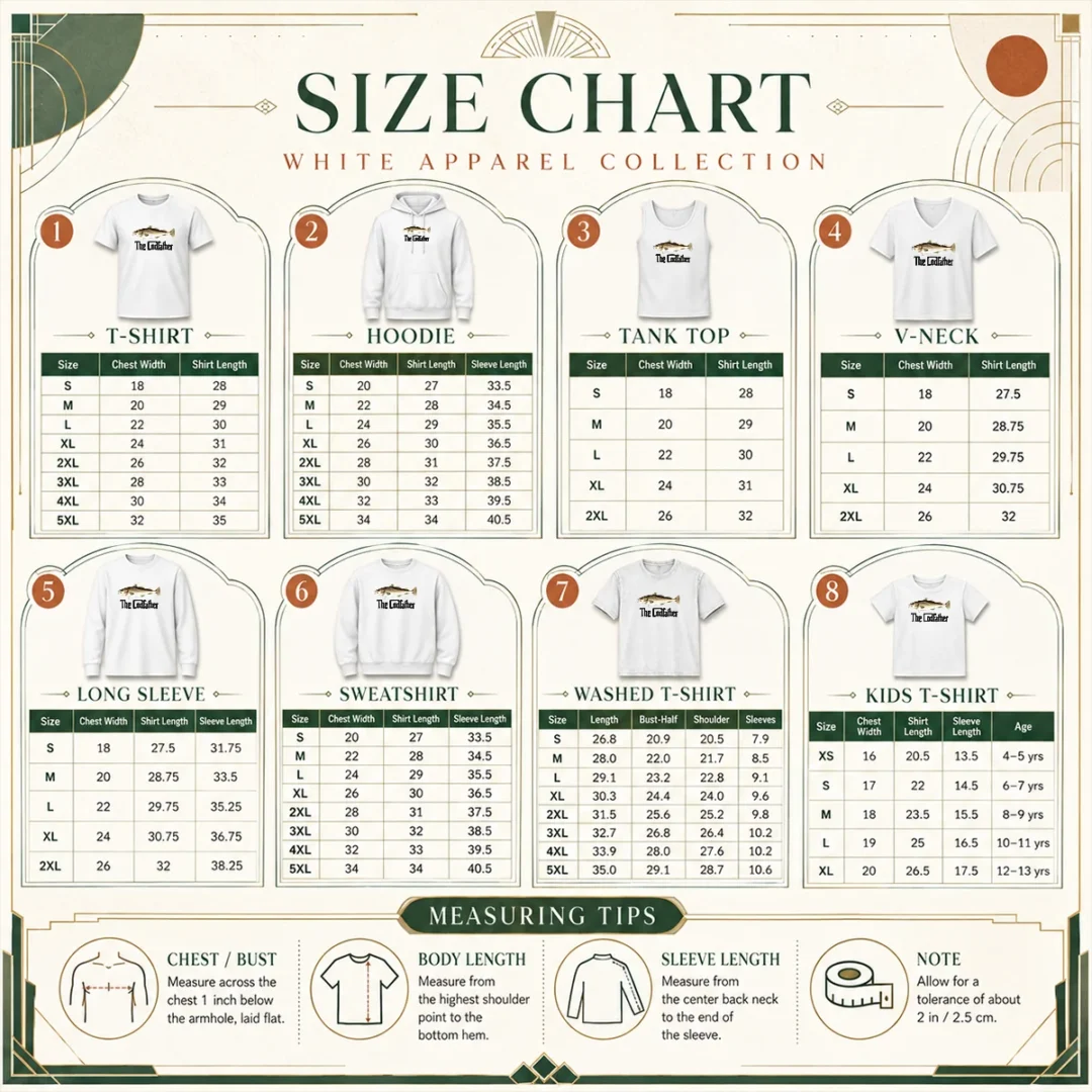 original-the-codfather-the-godfather-size-chart Size chart for Original The Codfather The Godfather with measurements in inches and cm to help choose the right fit