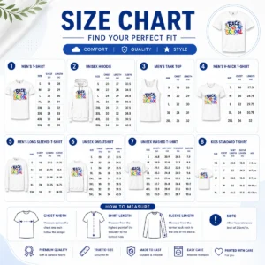 Size chart for Awesome Distressed Grunge Back To School Red Blue with measurements in inches and cm to help choose the right fit