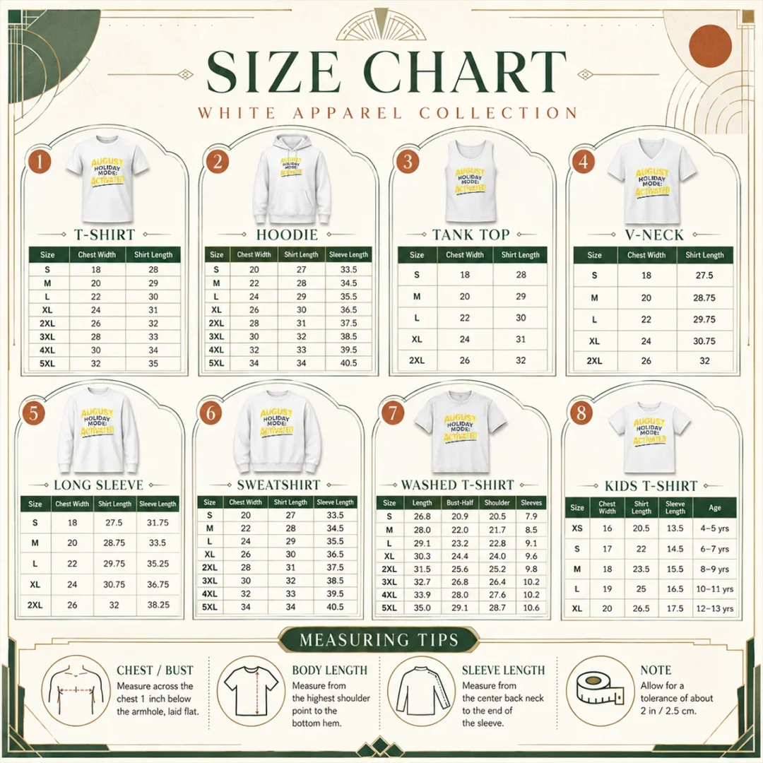 premium-august-holiday-mode-minimalist-for-summer-lovers-size-chart Size chart for Premium August Holiday Mode Minimalist For Summer Lovers showing measurements in inches and cm