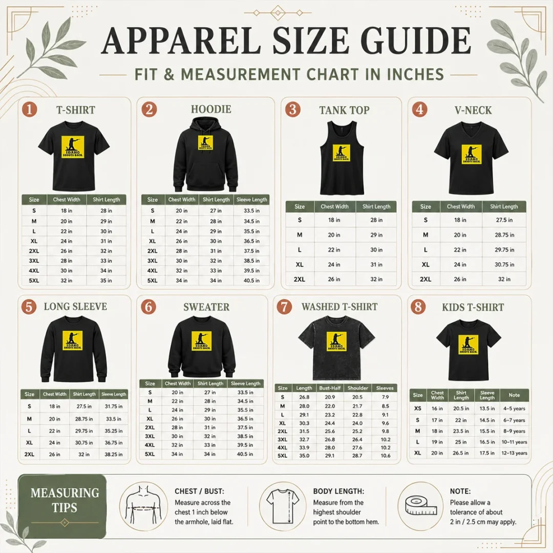premium-awesome-idaho-shoots-back-size-chart Size chart for Premium Awesome Idaho Shoots Back with measurements in inches and cm to help choose the right fit