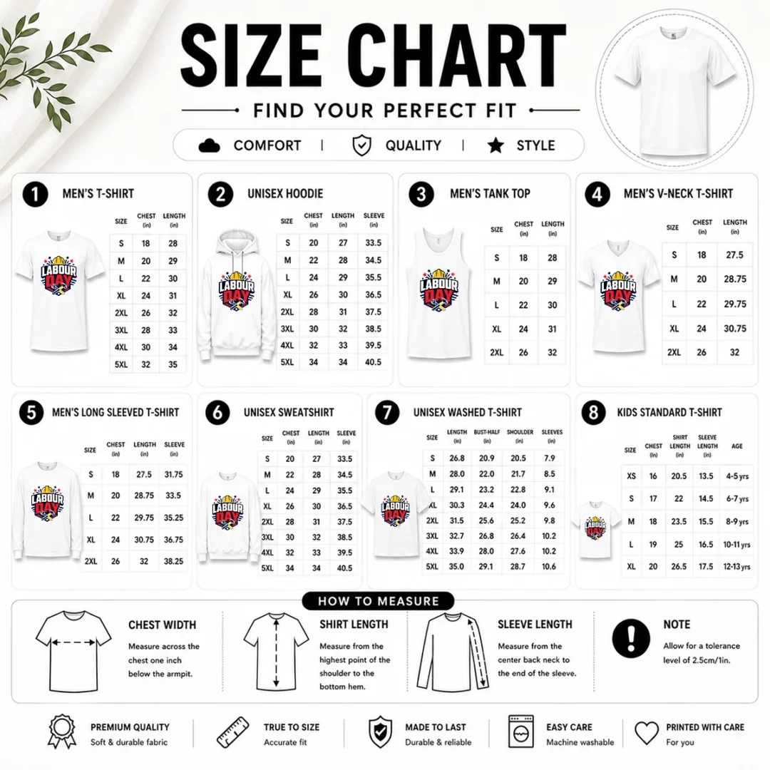 premium-bold-shield-badge-labour-day-construction-tools-size-chart Size chart for Premium Bold Shield Badge Labour Day Construction Tools with measurements in inches and cm to help choose the right fit