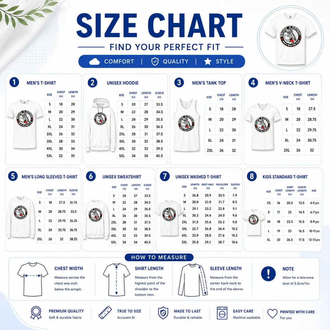 premium-drunk-donkey-mike-s-weather-page-size-chart Size chart for Premium Drunk Donkey Mike'S Weather Page with measurements in inches and cm to help choose the right fit