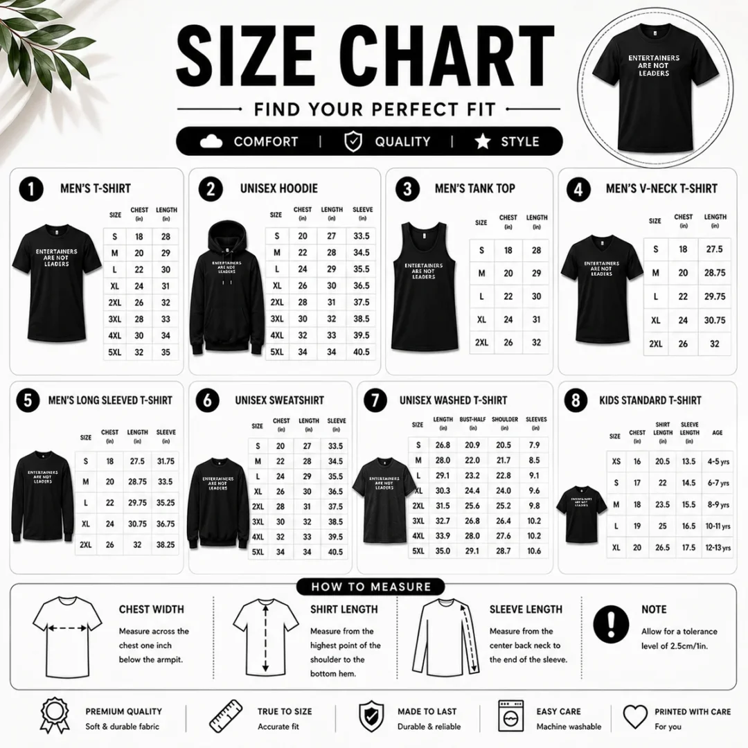 premium-entertainers-are-not-leaders-size-chart Size chart for Premium Entertainers Are Not Leaders with measurements in inches and cm to help choose the right fit