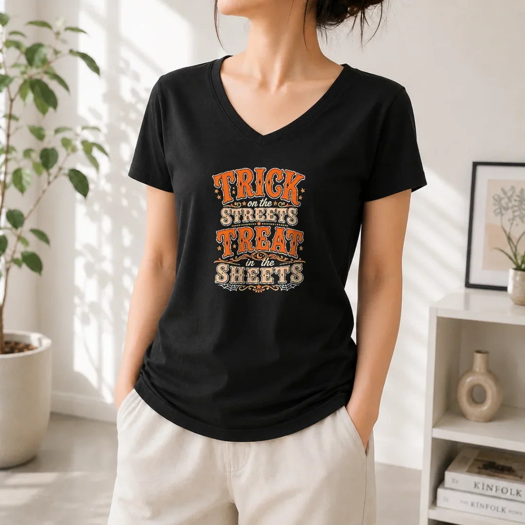 premium-funny-halloween-trick-on-the-streets-treat-in-the-sheets-v-neck-shirt Premium Funny Halloween Trick On The Streets Treat In The Sheets V-Neck Shirt