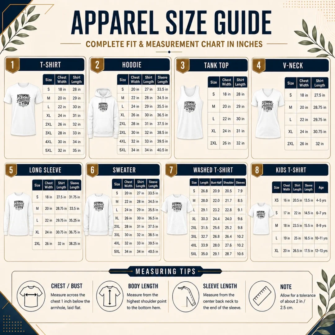 Premium Hot Dopamine Addicted To You Line Art Romance Size Chart Size chart for Premium Hot Dopamine Addicted To You Line Art Romance with measurements in inches and cm