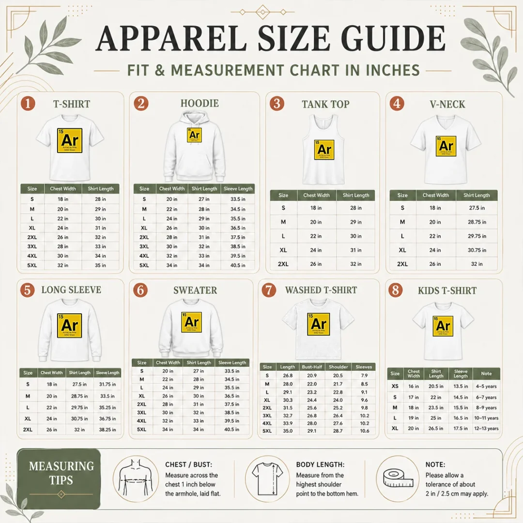 premium-pretty-armalite-rifle-15-periodic-table-style-ar-15-size-chart Size chart for Premium Pretty Armalite Rifle 15 Periodic Table Style AR 15 with measurements in inches and cm to help choose the right fit