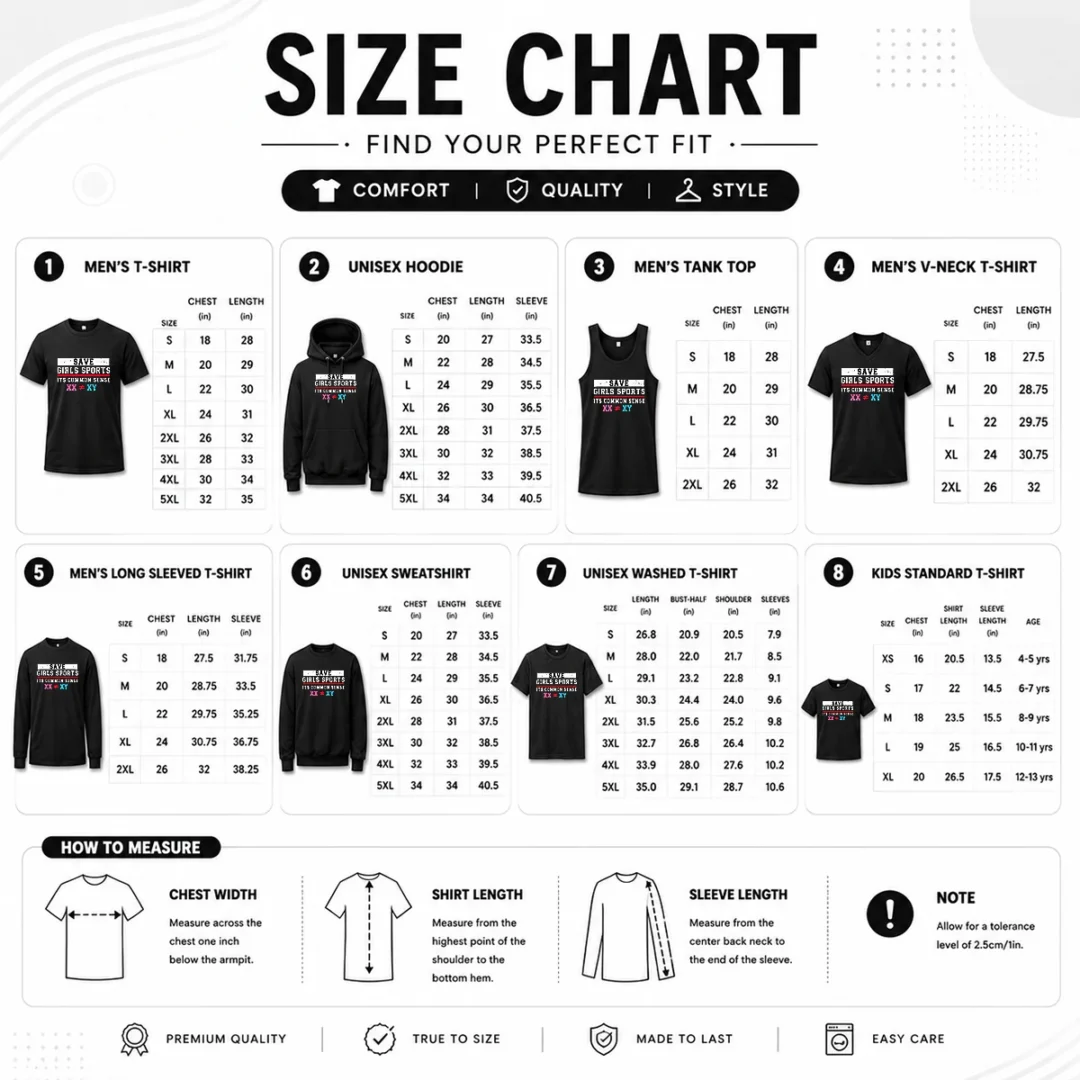 premium-save-girls-sports-common-sense-statement-size-chart Size chart for Premium Save Girls Sports Common Sense Statement with measurements in inches and cm to help choose the right fit