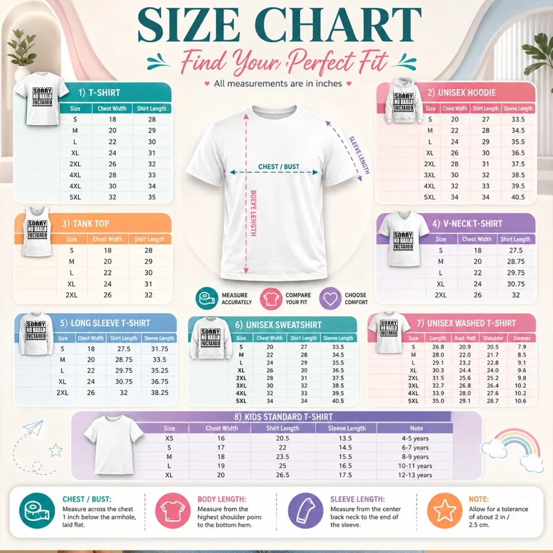 premium-sorry-no-hablo-fuctardo-size-chart Size chart for Premium Sorry No Hablo Fuctardo with measurements in inches and cm to help choose the right fit