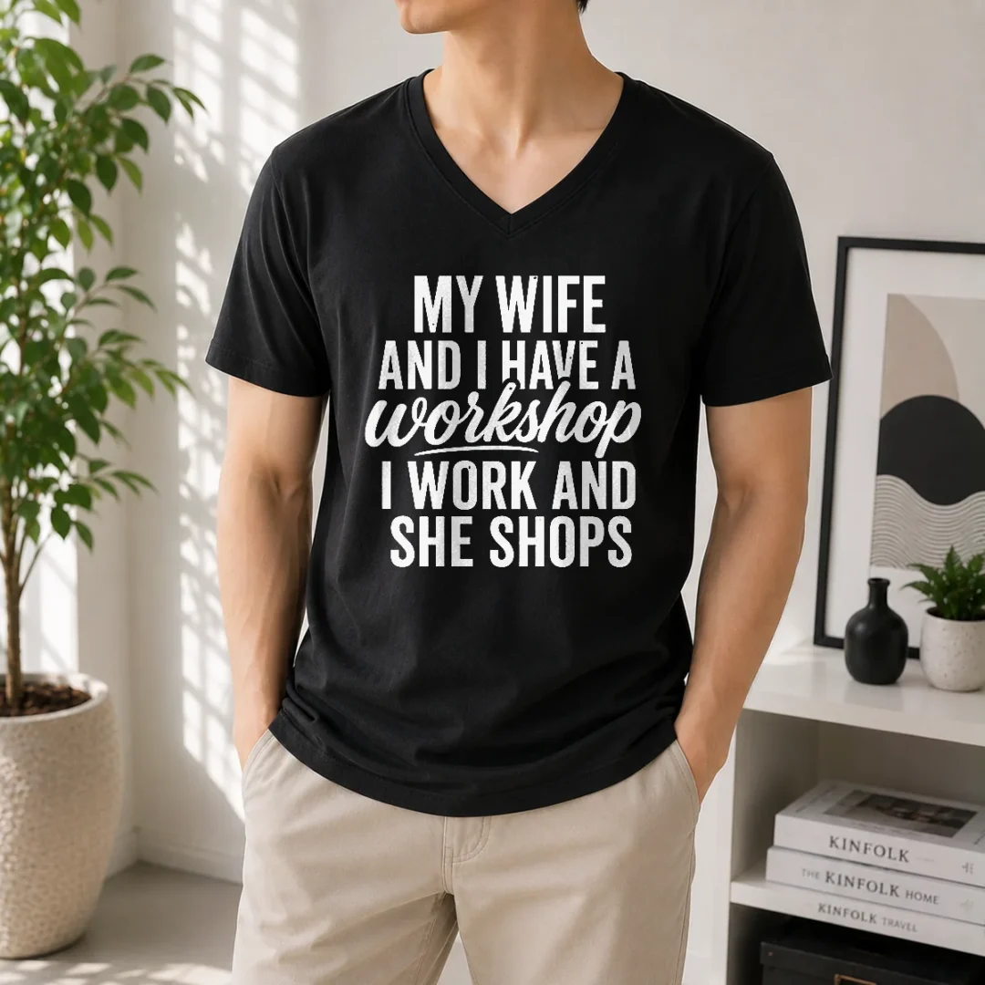 premium-top-couple-workshop-my-wife-shops-i-work-v-neck-shirt Premium Top Couple Workshop My Wife Shops I Work V-Neck Shirt