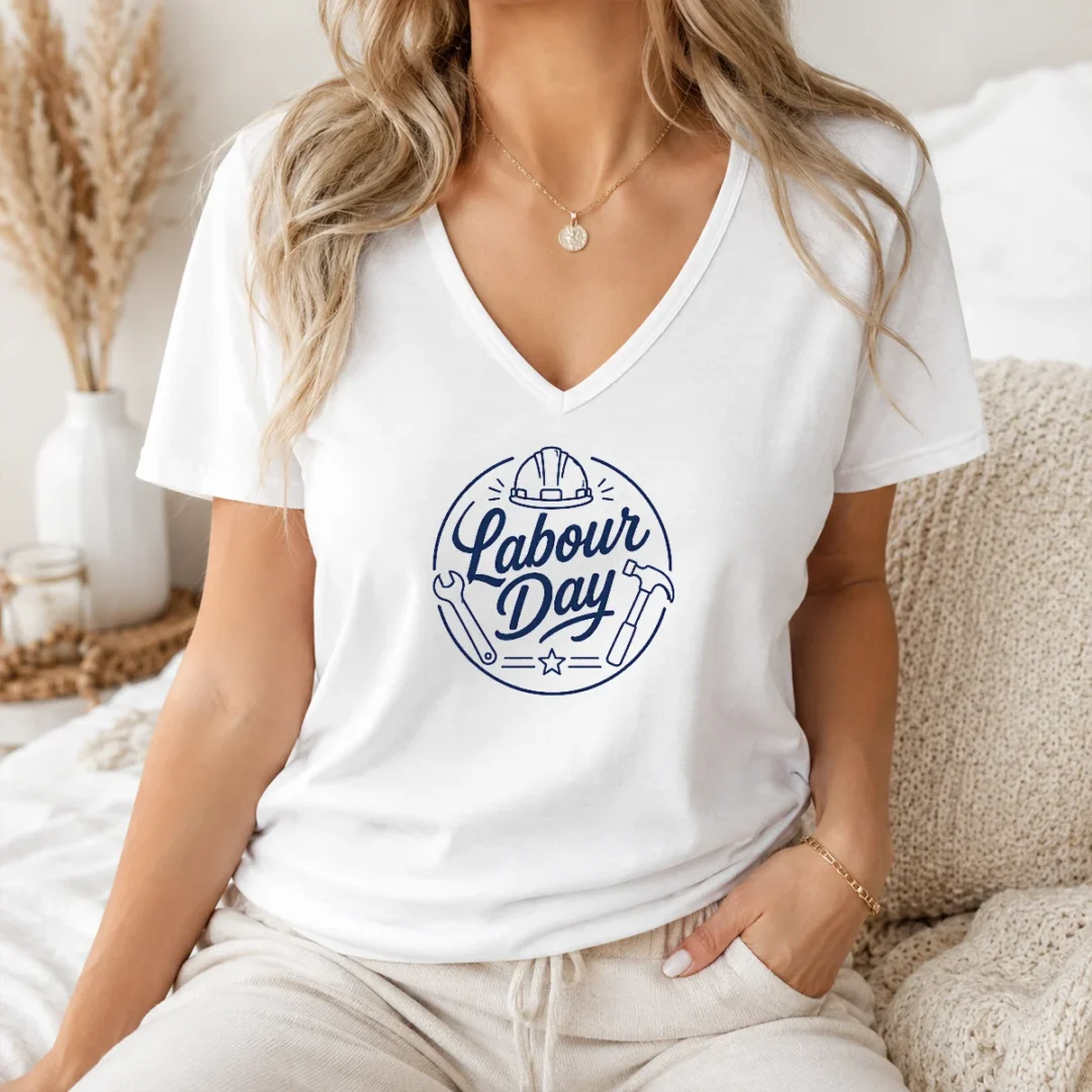 Premium Top Minimalist Line Art Labour Day Script V Neck Shirt Premium Top Minimalist Line Art Labour Day Script V-Neck Shirt