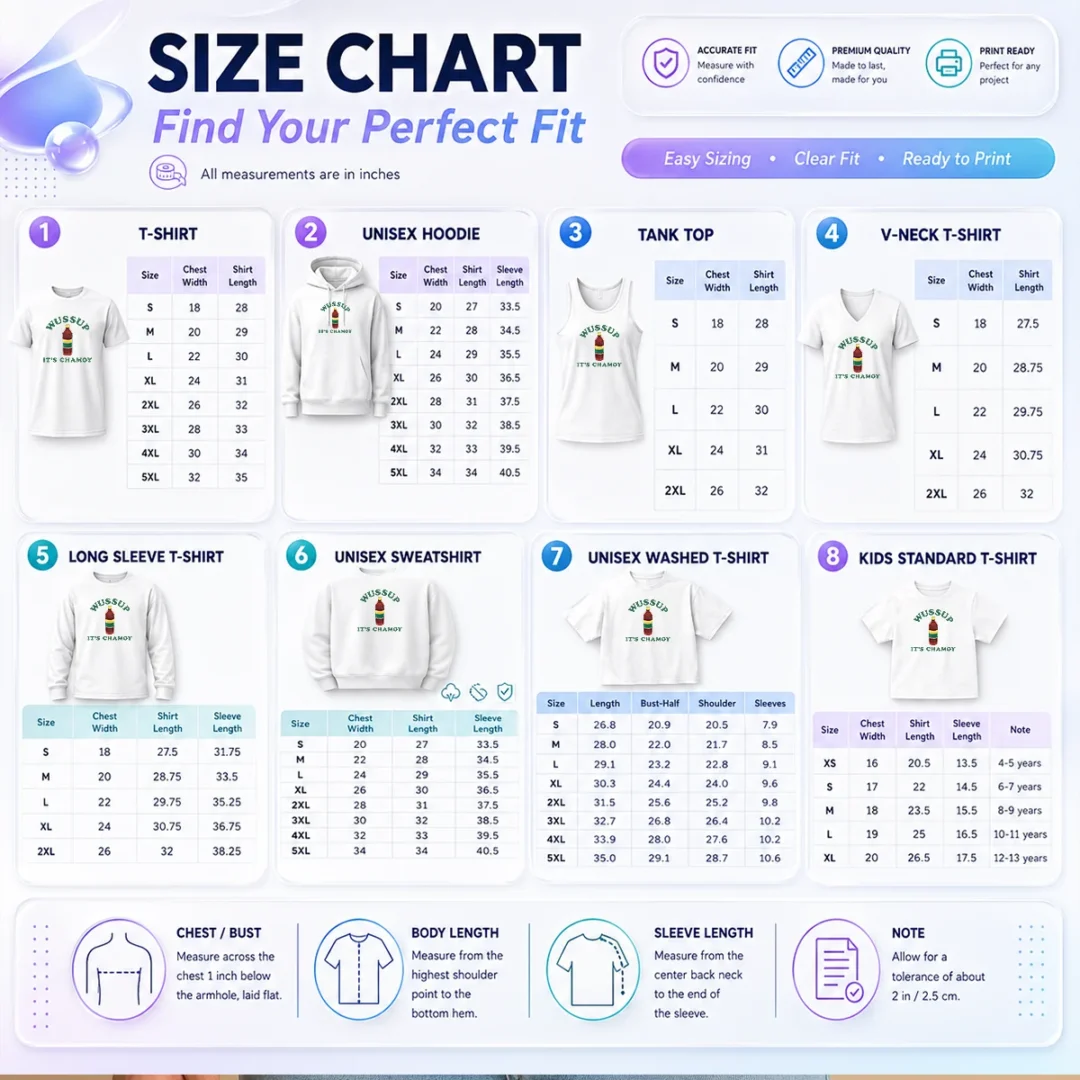 premium-wussup-it-s-chamoy-mexican-candy-spicy-sauce-size-chart Size chart for Premium Wussup It'S Chamoy Mexican Candy Spicy Sauce with measurements in inches and cm to help choose the right fit
