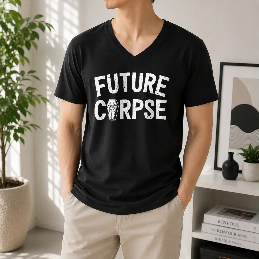 pretty-distressed-future-corpse-with-coffin-goth-v-neck-shirt Pretty Distressed Future Corpse With Coffin Goth V-Neck Shirt