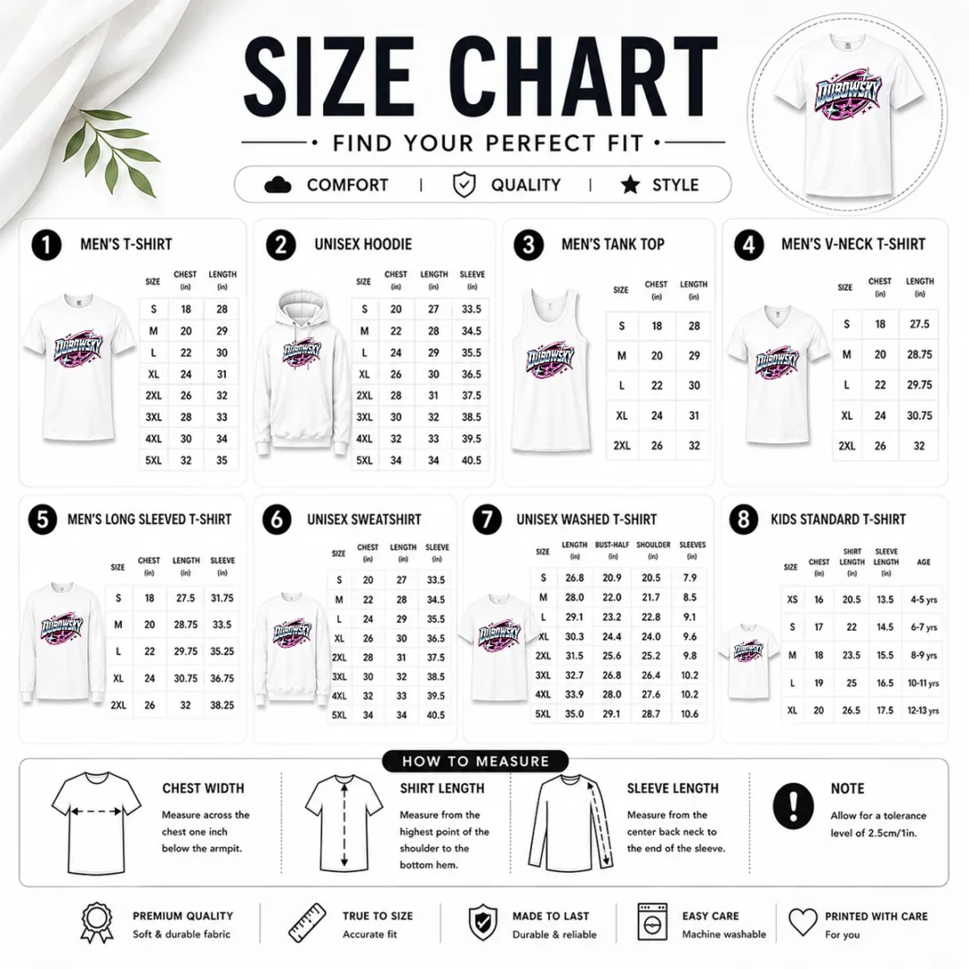 pretty-dubowsky-chrome-metallic-star-burst-pop-art-logo-size-chart Size chart for Pretty Dubowsky Chrome Metallic Star Burst Pop Art Logo with measurements in inches and cm to help choose the right fit