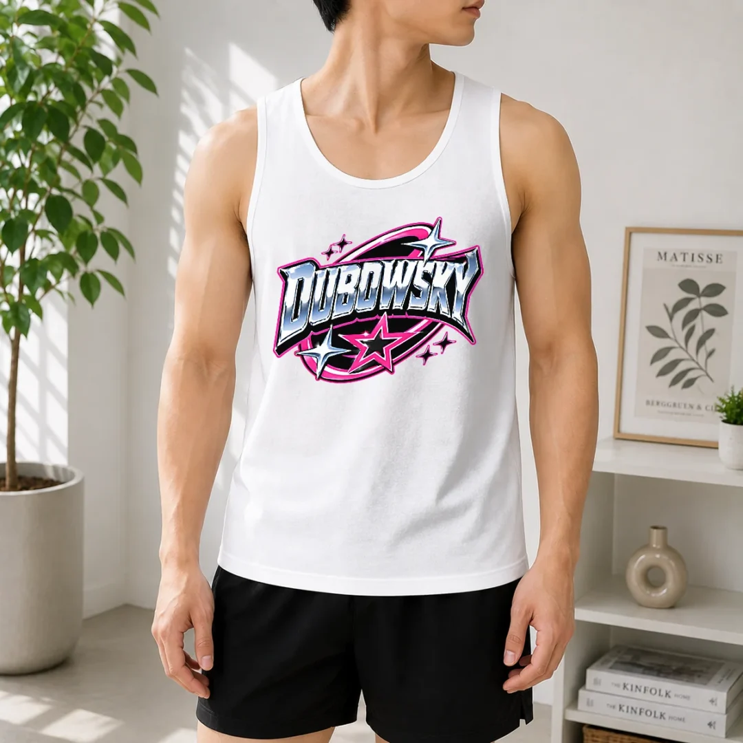 pretty-dubowsky-chrome-metallic-star-burst-pop-art-logo-tank-top Pretty Dubowsky Chrome Metallic Star Burst Pop Art Logo Tank Top