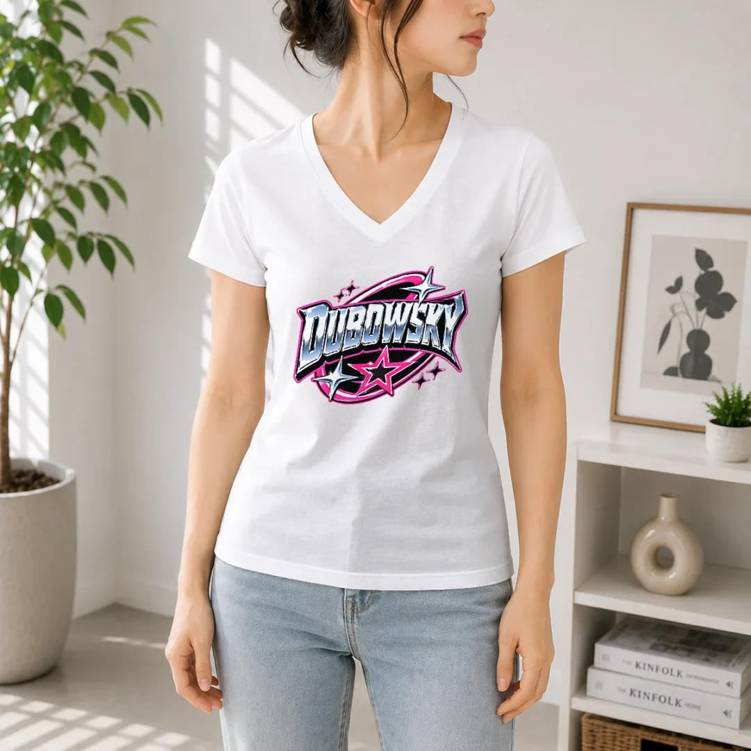 pretty-dubowsky-chrome-metallic-star-burst-pop-art-logo-v-neck-shirt Pretty Dubowsky Chrome Metallic Star Burst Pop Art Logo V-Neck Shirt