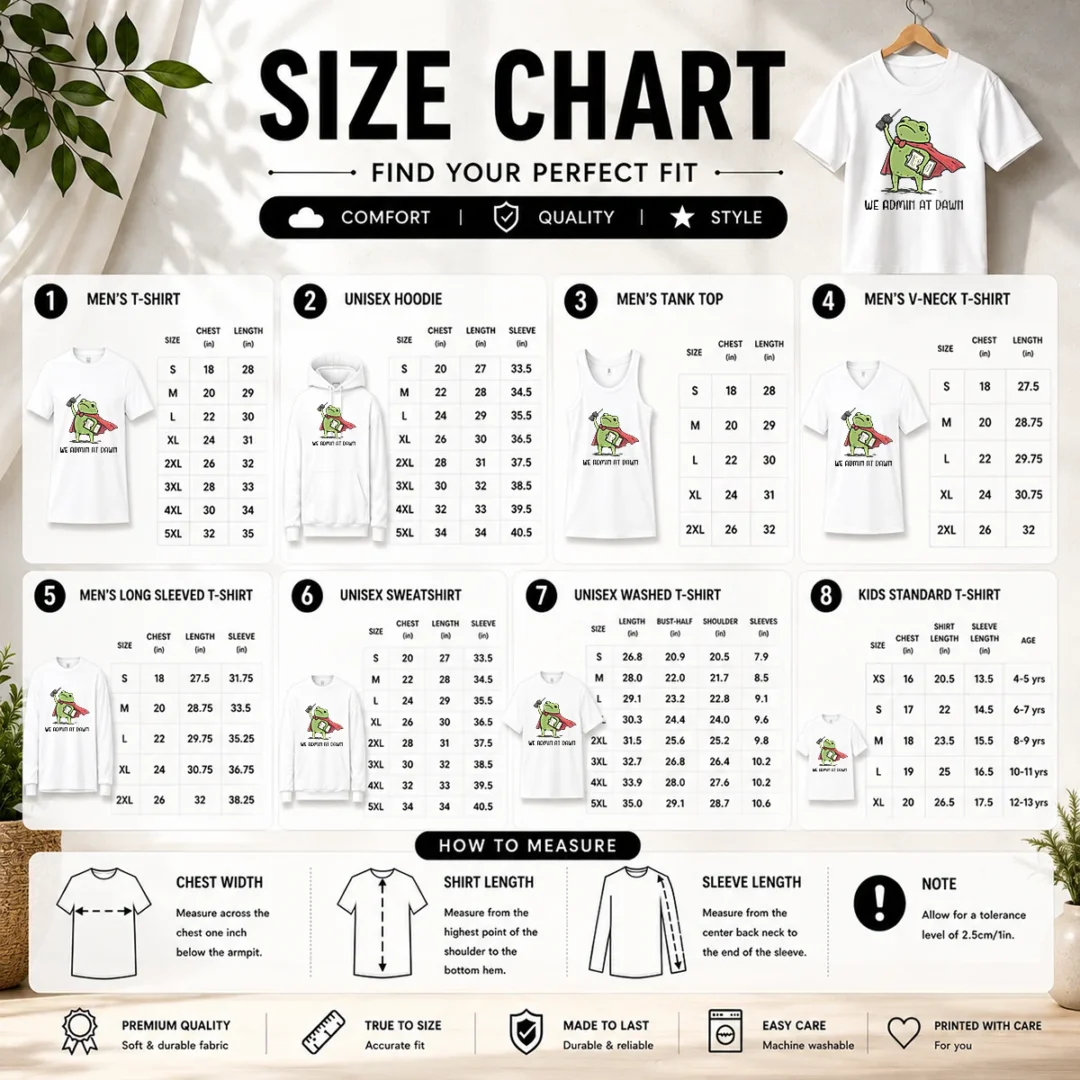 pretty-hot-we-admin-at-dawn-assistant-principal-frog-size-chart Size chart for Pretty Hot We Admin At Dawn Assistant Principal Frog with measurements in inches and cm to help choose the right fit