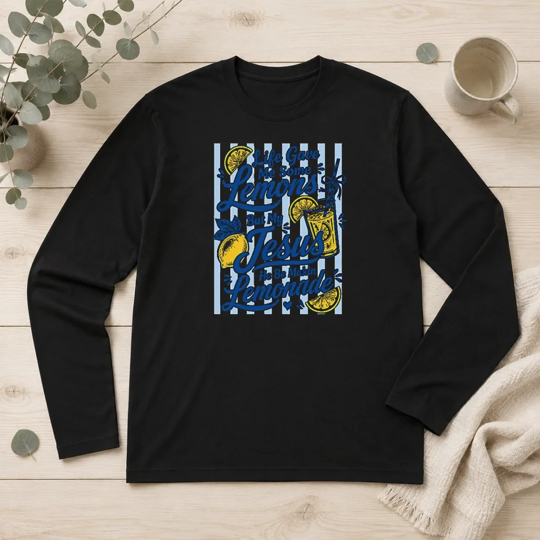pretty-life-gave-me-lemons-jesus-makes-lemonade-black-long-sleeve Pretty Life Gave Me Lemons Jesus Makes Lemonade Black Long Sleeve Shirt front view on white background