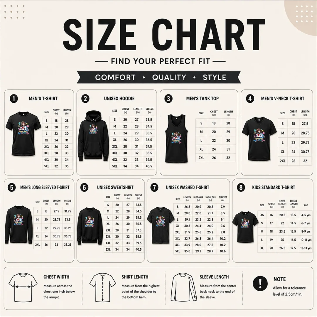 pretty-official-back-to-school-anime-squad-goals-size-chart Size chart for Pretty Official Back To School Anime Squad Goals with measurements in inches and cm to help choose the right fit