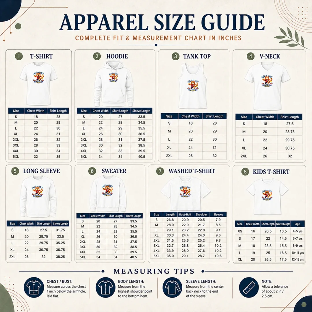 Pretty Premium Spain Soccer Cat Meme Purr Fect Defender YK Size Chart Size chart for Pretty Premium Spain Soccer Cat Meme Purr Fect Defender YK with measurements in inches and cm to help choose the right fit
