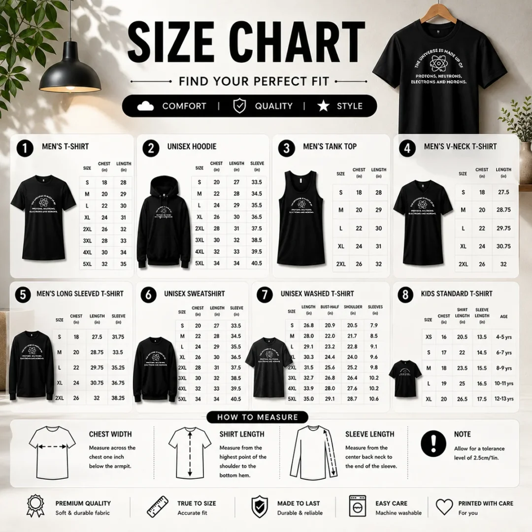 pretty-the-universe-is-made-up-of-protons-neutrons-electrons-and-morons-size-chart Size chart for Pretty The Universe Is Made Up Of Protons Neutrons Electrons And Morons with measurements in inches and cm to help choose the right fit